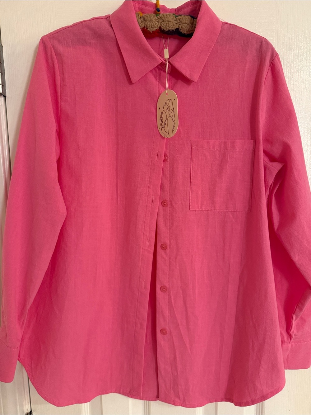 New Cotton Women's Hot Pink Button-Front Blouse with Chest Pocket